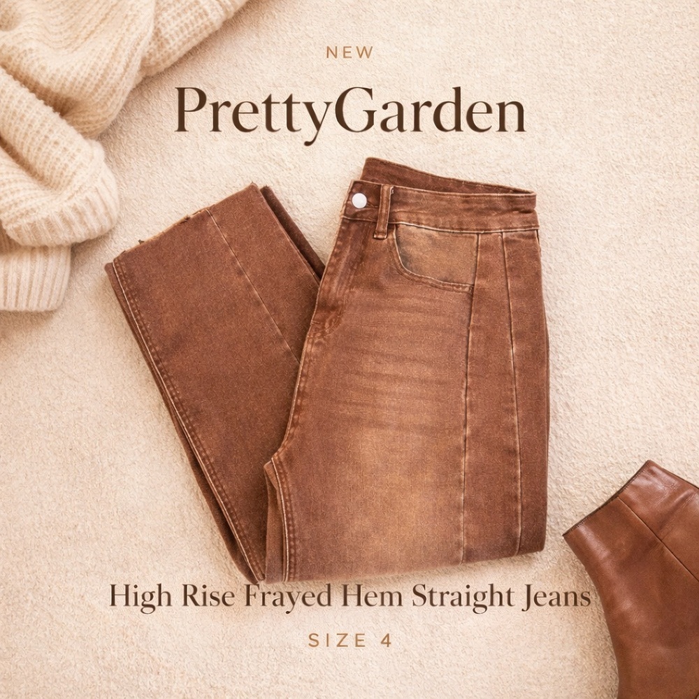 PrettyGarden Brown High Rise Frayed Hem Straight Jeans Size 4